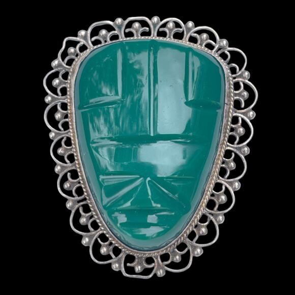 Vintage Sterling Silver Mexican Brooch - Carved Face - Picture 1 of 5